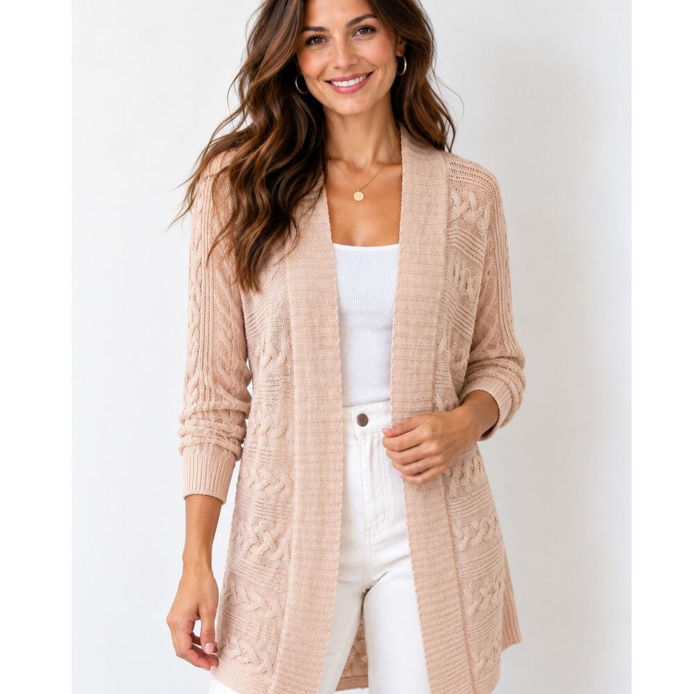 Lauren Ralph Lauren Cable Knit Cardigan Womens Medium Blush Pink Open Old Money